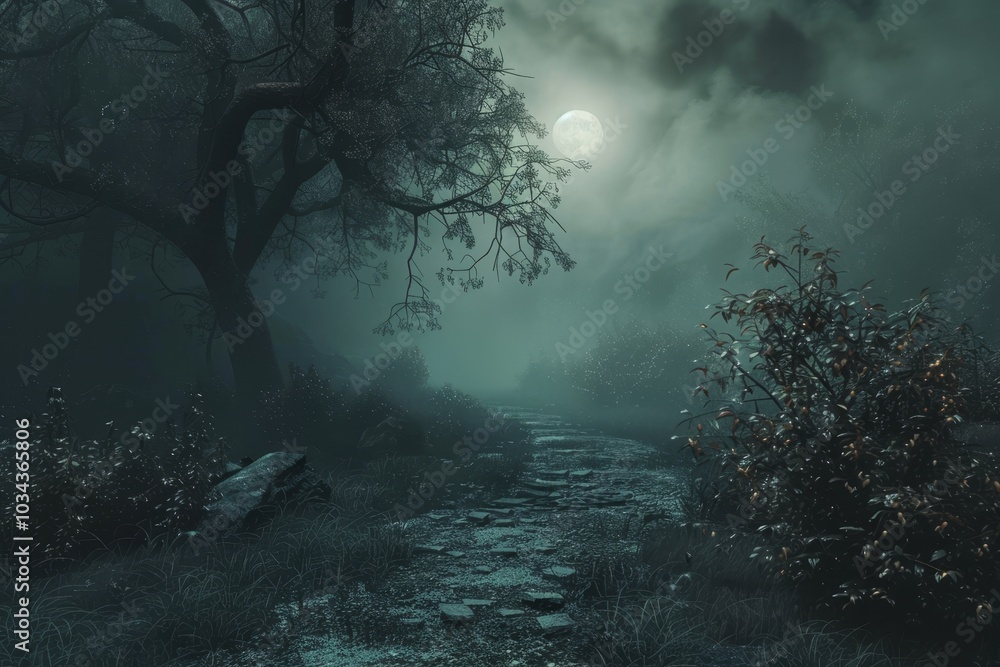 Poster a winding stone path leads through a dense forest, surrounded by towering trees and bushes, bathed i