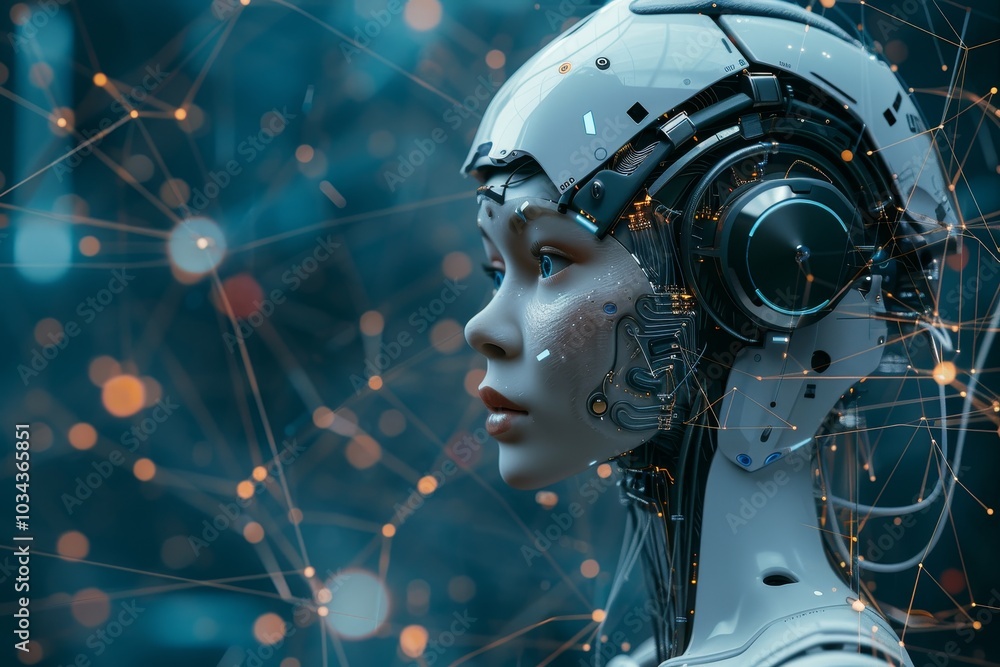 Poster a humanoid robot with a sleek design showcases detailed circuitry and glowing components, creating a
