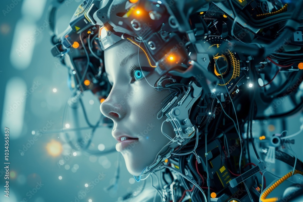 Poster the robotic figure features detailed circuitry and luminous components, representing cutting-edge ad
