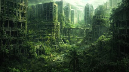 Overgrown Cityscape, Ruined Buildings Reclaimed by Nature