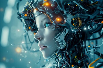 The robotic figure features detailed circuitry and luminous components, representing cutting-edge advancements in artificial intelligence and technology in a futuristic environment.