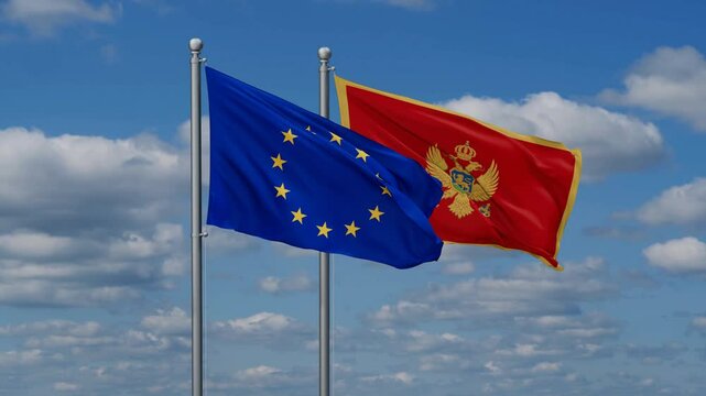 Montenegro and European Union flags flying together, video concept of the relationship, two country cooperation concept