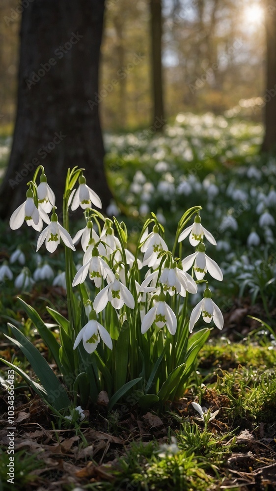 Poster clusters of delicate white snowdrop flowers blooming in lush, green forest setting with tree trunk i