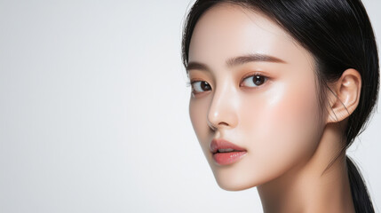 Fototapeta premium Portrait of a woman showcasing glowing skin with natural makeup under soft lighting in a studio setting
