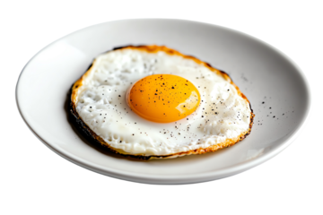 Fried egg on white plate, white background