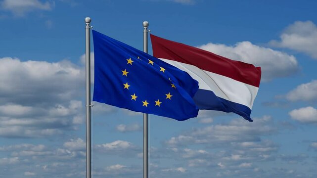 Netherlands and European Union flags flying together, video concept of the relationship, two country relations concept