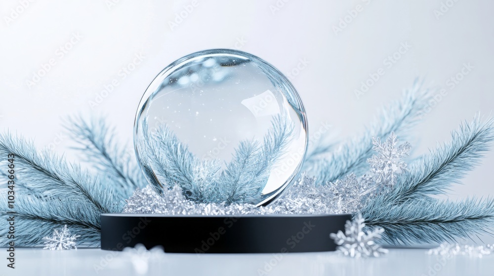 Aufkleber a beautifully crafted snow globe sits atop a dark base amidst frosty pine branches and sparkling dec