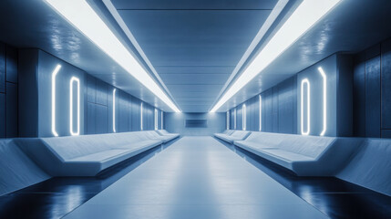 Obraz premium Futuristic blue corridor with illuminated ceiling lights in a modern architectural space