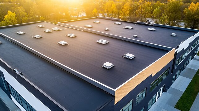 Drone-captured images of commercial buildings with asphalt shingles and TPO membrane roofs on a sunny day