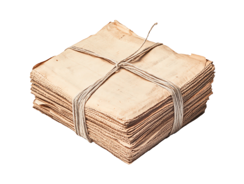Stack of old papers tied, white isolate background