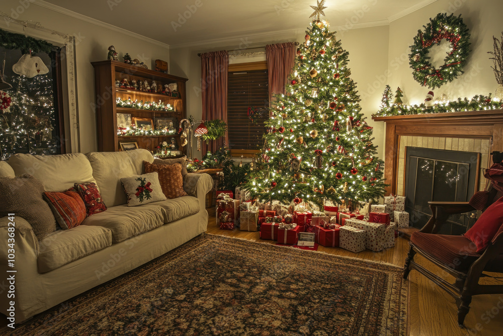 Wall mural Living room with Christmas tree and couch, adorned with lights and ornaments, creating a festive and cozy holiday atmosphere.