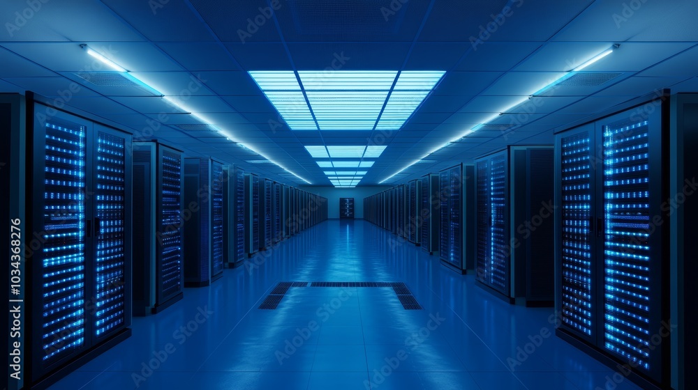 Poster inside the digital brain, a captivating view of server room filled with rows of servers