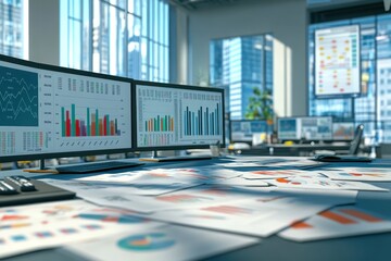 A professional office space with a large desk multiple screens displaying graphs and financial reports scattered around