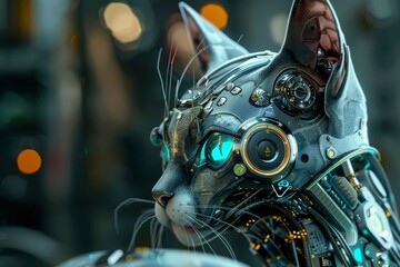 Fototapeta premium A mechanical cat stands proudly, showcasing intricate designs and glowing eyes, set in a sleek, modern environment filled with advanced technology.