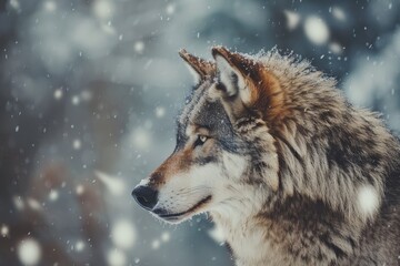 A wolf stands poised, its fur dusted with snow, observing its surroundings while snowflakes gently fall around it in a tranquil winter setting.