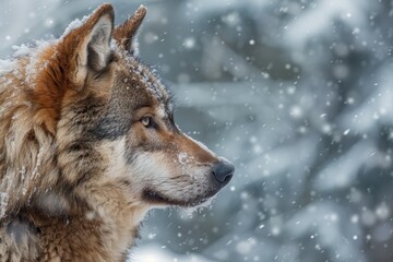 Obraz premium A solitary wolf is captured in a snowy landscape, its thick fur dusted with flakes. The animal gazes intently, embodying the beauty of winter in a serene forest setting.