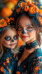 Obraz premium Portrait mum and daughter with Catrina make up look at camera, on yellow background.
