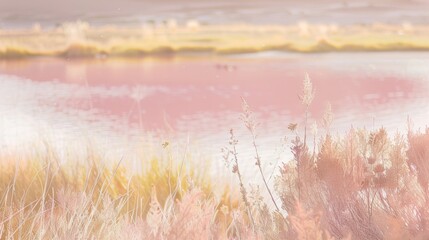 Soft muted tones of pink and yellow blend together in a grainy coastal landscape giving off a serene and soothing vibe