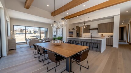 Fototapeta premium Modern Kitchen and Dining Room with Wooden Beams and Large Windows