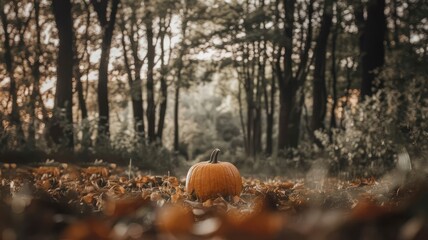 A pumpkin sits on a pile of logs in a forest.