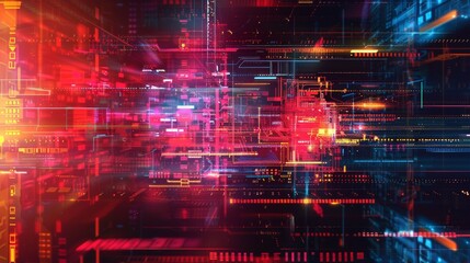 Obraz premium Abstract Digital Network A vibrant, futuristic illustration showcasing interconnected data streams and circuits. The composition is a mix of red, orange and blue hues, creating a sense