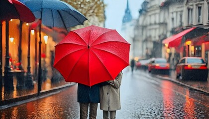 A romantic scene of a young couple holding a red umbrella together while walking in the rain on the cobblestone street in Europe; romantic lovers strolling on the Parisian or European street; love