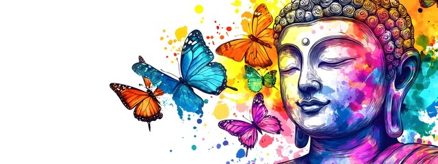 Buddha with butterflies, a colorful ink wash style vector illustration on a white background, suitable for t-shirt design