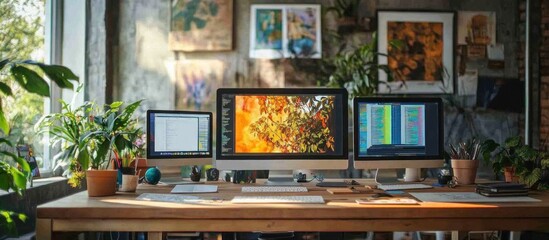 A wooden desk with three computer monitors, houseplants, and artwork on the wall in a creative workspace.