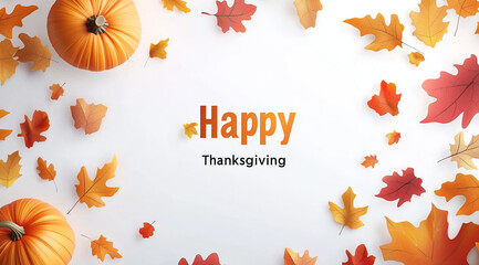 Happy Thanksgiving with two pumpkins and autumn leaves on a white background
