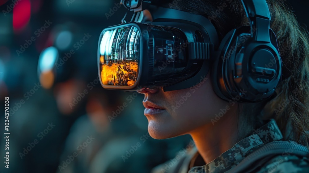 Poster a service member wearing a vr headset is focused on a training simulation, surrounded by fellow trai
