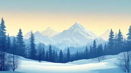 Tranquil winter landscape with snowy mountains and forest at sunrise, perfect for merry christmas and happy new year ai