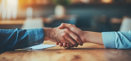 Obraz premium Two people shake hands over a wooden table.