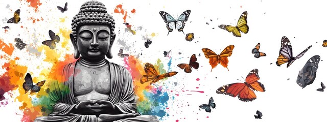 Buddha with butterflies, a colorful ink wash style vector illustration on a white background, suitable for t-shirt design