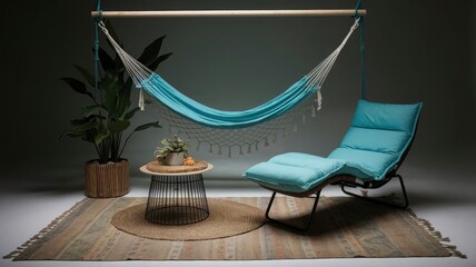 A hammock is a woven fabric that is hanging on a wall.