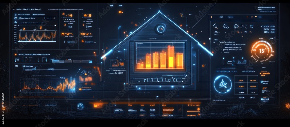 Poster a futuristic hud with a house symbol in the center surrounded by data and graphs.