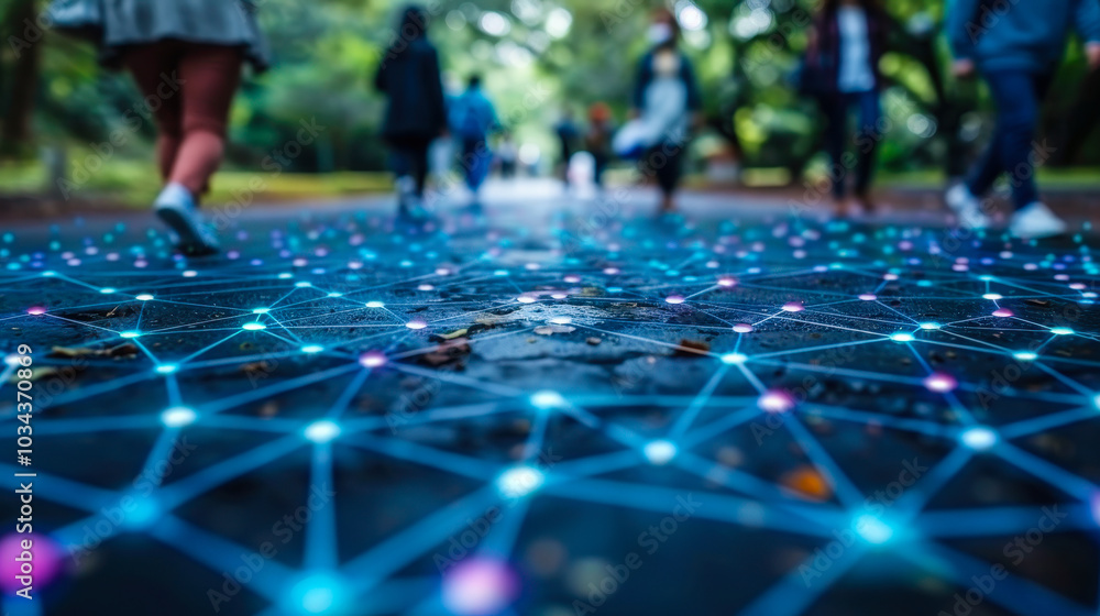 Poster digital network pathway in urban park reflecting advances in healthcare technology with connection n