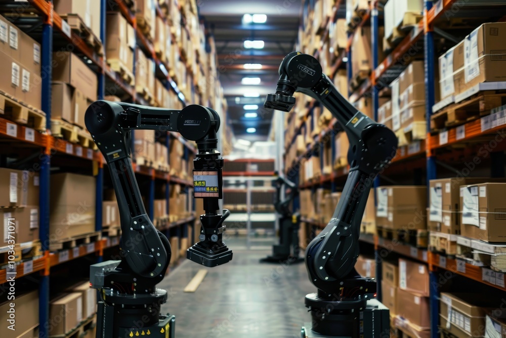 Poster two robotic arms are actively sorting packages in a spacious warehouse filled with stacked boxes, sh