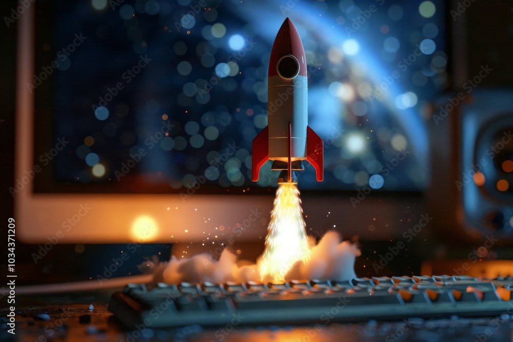 Poster a colorful rocket blasts off from a computer keyboard, surrounded by clouds of smoke and bright flam