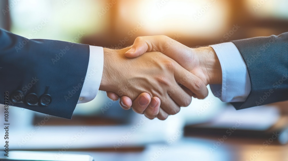 Aufkleber two men in suits shaking hands in an office setting
