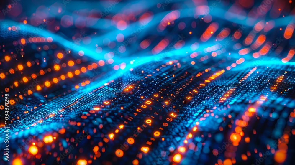 Poster intricate patterns of encrypted data streams in neon colors showcasing importance of cybersecurity a