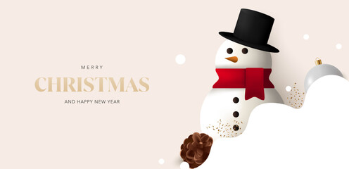 Merry Christmas greeting card with snowman, grey xmas ornaments, pine come and confetti, Gold Christmas text and beige background. Vector for festive, sale, promo, flayer, website, social media, ads