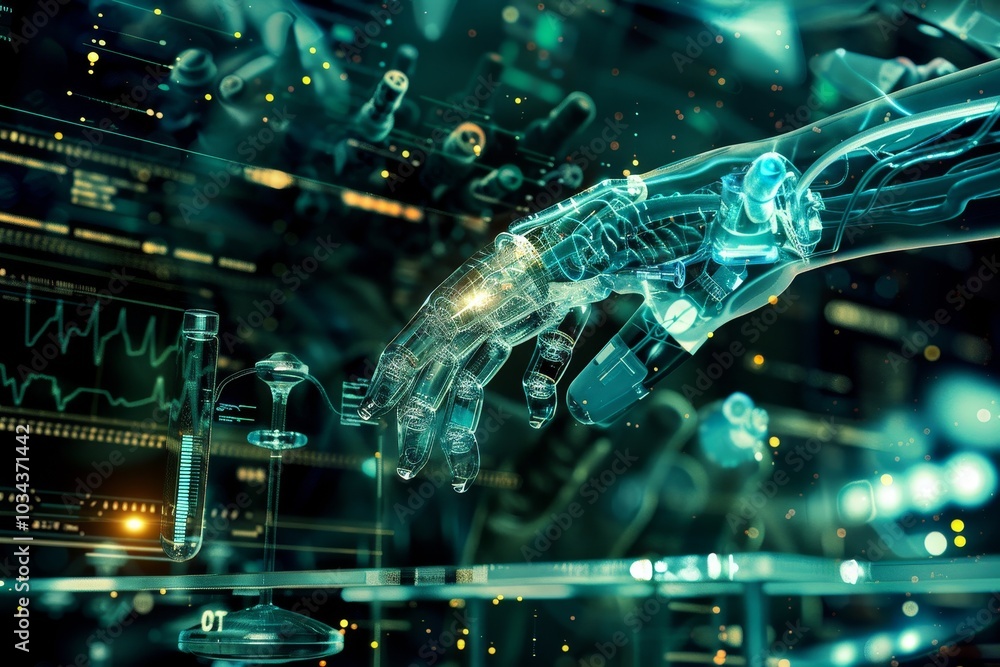 Poster a robotic hand reaches towards a digital display filled with data and technologies, showcasing advan