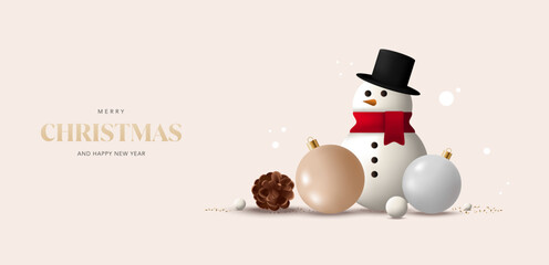 Christmas holiday banner background with snowman, pine cone, snowballs and noel ornaments. Realistic vector for festive, promo, sale, discount, greeting card, social media, advertisement, brochure.