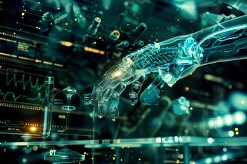Fototapeta premium A robotic hand reaches towards a digital display filled with data and technologies, showcasing advanced innovation in a laboratory during a futuristic setting.