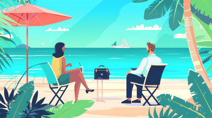 Tourists on vacation. Sitting on the beach, relaxing by the sea. Blue ocean scenic view background. Holiday vacation season sea travel