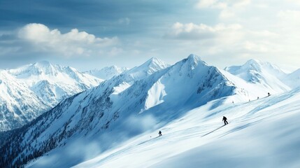 Obraz premium Snow-capped mountain landscape with skiers enjoying blue sky day in winter wonderland, perfect for merry christmas and happy new year celebrations ai