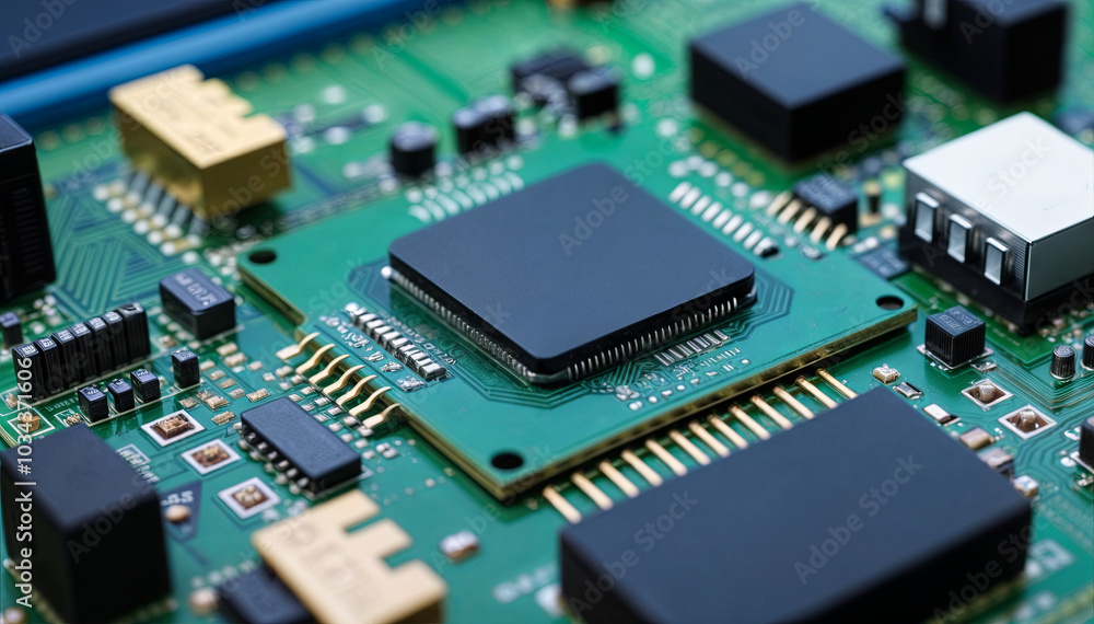 Poster the close-up reveals a microprocessor centered on a circuit board, surrounded by various electronic 