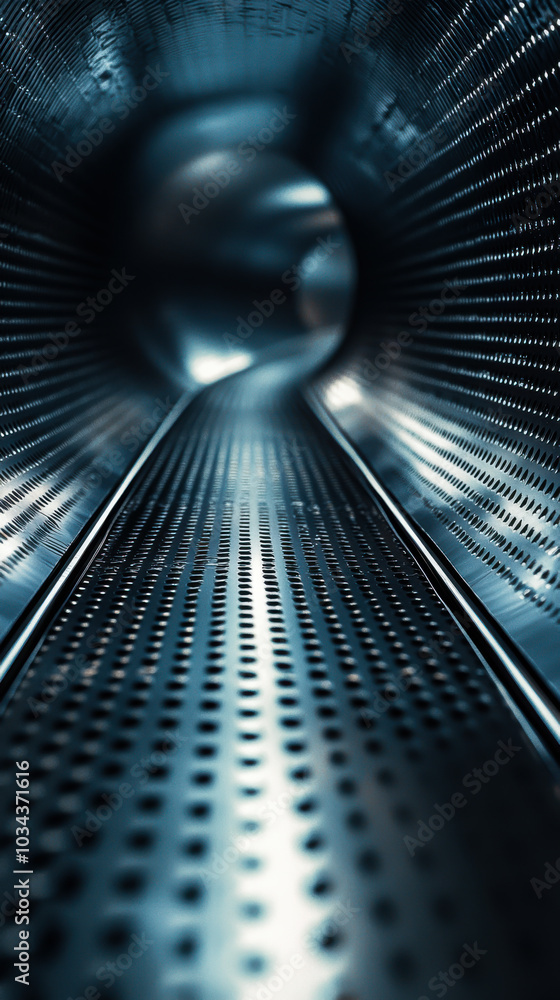 Poster close-up of a textured metal surface with circular patterns creating a flowing wave effect in dim li