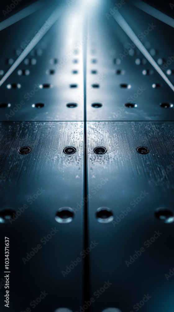 Poster close-up of a textured metal surface with circular patterns creating a flowing wave effect in dim li