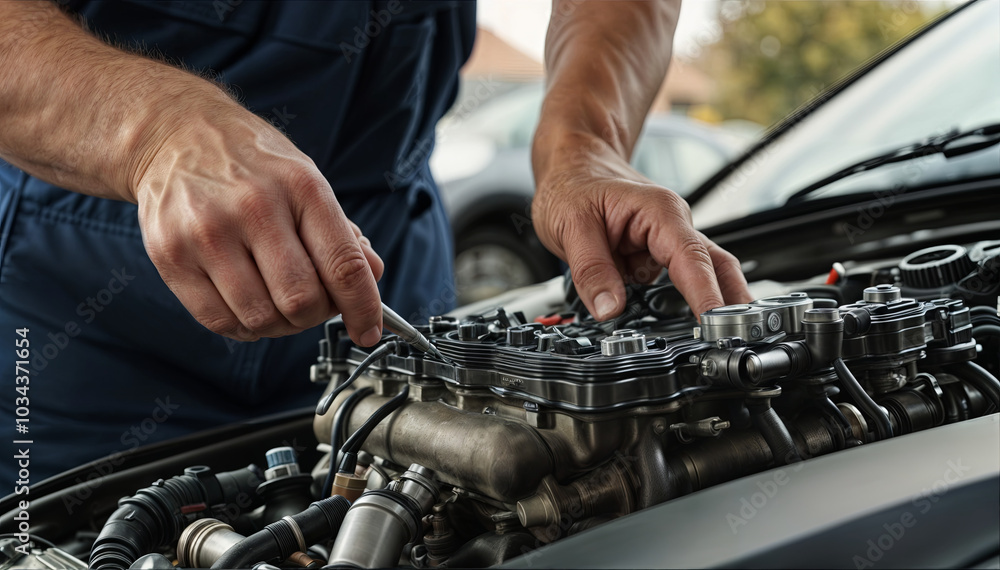 Poster hands skillfully adjust components of a vehicle's engine, showcasing the intricate work of automotiv